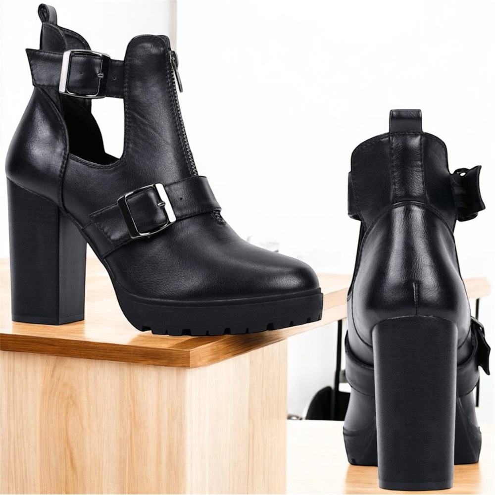 Women's Chunky Heel Round Toe ankle Boots High Cut Booties With Buckle Size 7.5